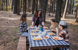 Four women share a picnic lunch at a checkered table in a wooded area, perfect for an RV rental adventure.