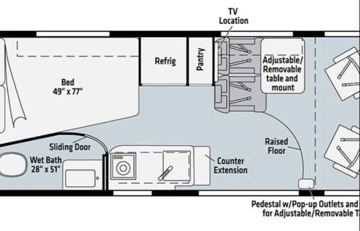 RV rental floor plan: compact interior layout with bed, wet bath, kitchen, and dining area. Functional for travel.