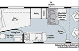 RV rental floor plan: compact interior layout with bed, wet bath, kitchen, and dining area. Functional for travel.