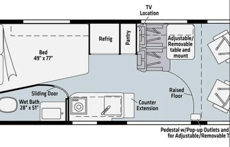RV rental floor plan: compact interior layout with bed, wet bath, kitchen, and dining area. Functional for travel.