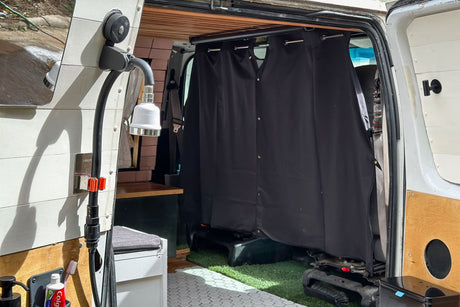 RV rental's clever mobile shower setup: an outdoor/indoor system within a customized camper van for refreshing van life.
