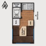 This RV rental floor plan displays a compact camper interior with a U-dinette, kitchen, and wet bath, plus the entrance. — photo 4