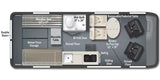 This RV rental floor plan details a compact interior with a Murphy bed, wet bath, kitchen, seating, and pop-top access.