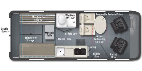 This RV rental floor plan details a compact interior with a Murphy bed, wet bath, kitchen, seating, and pop-top access.