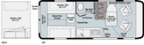 Detailed RV rental floor plan: versatile camper van interior with Murphy bed, wet bath, kitchen, and seating for day/night use.