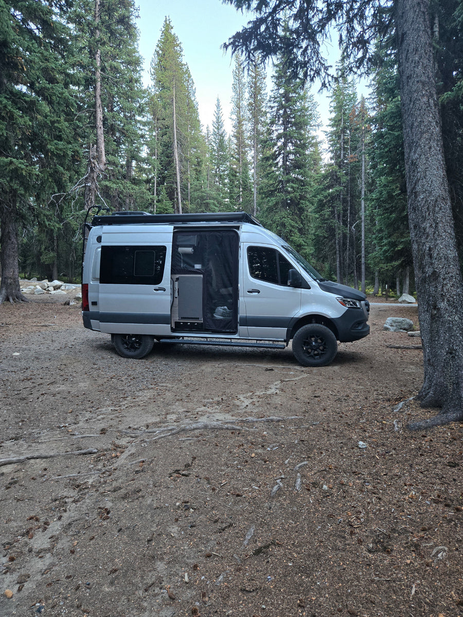 Silver camper van RV rental parked on a dirt site surrounded by tall evergreen trees. Ideal for forest camping.