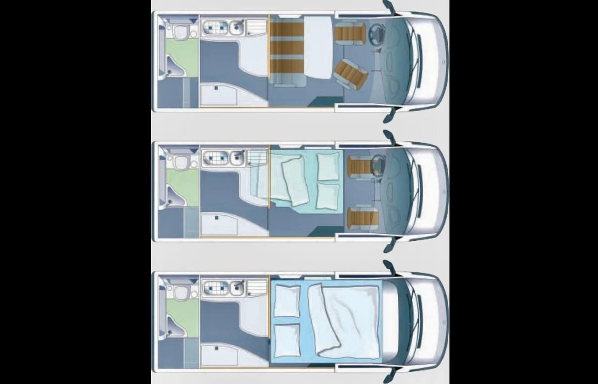 Explore versatile RV rental layouts: 3 motorhome floor plans demonstrating convertible sleeping and living spaces. — photo 17