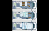 Explore versatile RV rental layouts: 3 motorhome floor plans demonstrating convertible sleeping and living spaces.