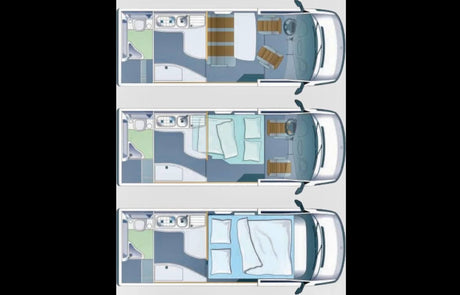 Explore versatile RV rental layouts: 3 motorhome floor plans demonstrating convertible sleeping and living spaces.