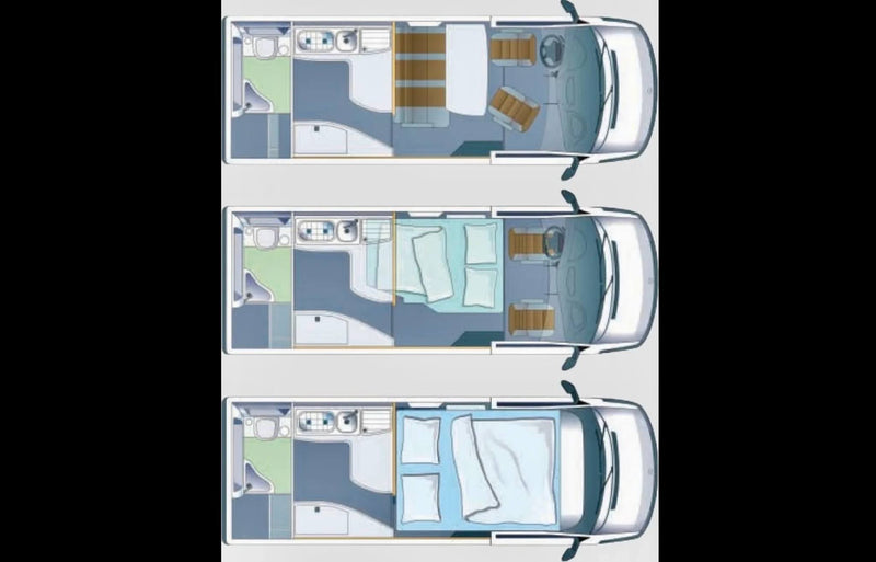 Explore versatile RV rental layouts: 3 motorhome floor plans demonstrating convertible sleeping and living spaces. — photo 17