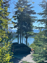 Discover nature's beauty: a black RV rental parked by a sparkling lake, framed by green trees and mountains.