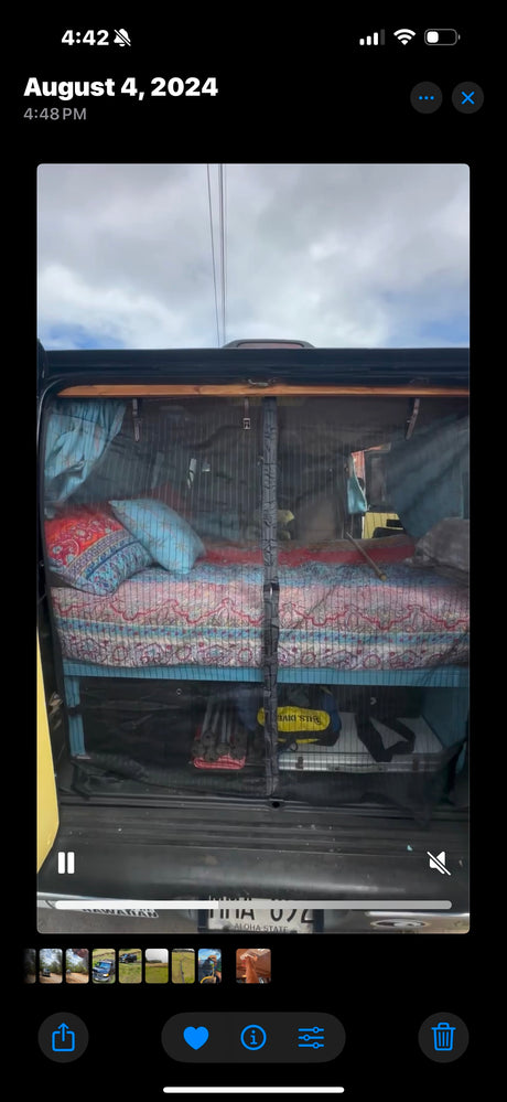 Cozy camper van setup: bed, pillows, and gear storage seen through a mesh screen. Perfect for an rv rental adventure!