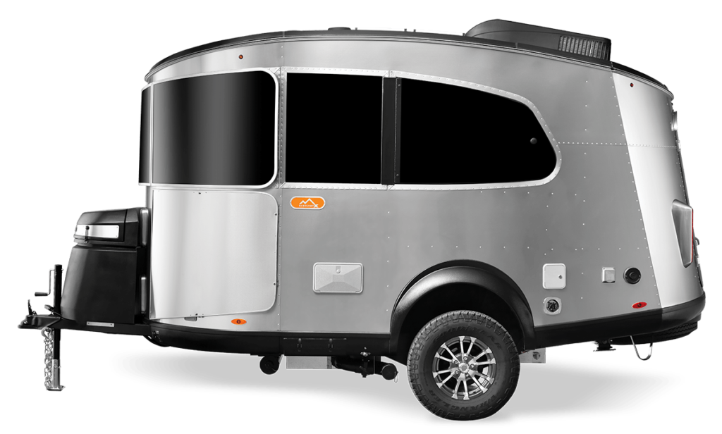 Sleek silver travel trailer, ideal for your next RV rental adventure. This compact camper features dark windows & off-road tires. — photo 8