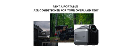  lit rooftop tent setup at a beautiful RV rental campsite.|Rent a portable air conditioner for your overland tent! Perfect for RV rental adventures
