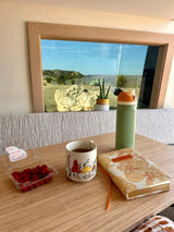 Relaxing in an rv rental: raspberries, mushroom mug, bottle, and a desert view from the window.