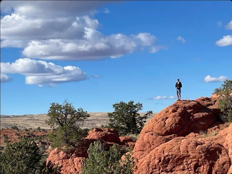 Vast red rock landscapes & scenic views on your RV rental adventure. A hiker stands overlooking the vista under a blue sky.
