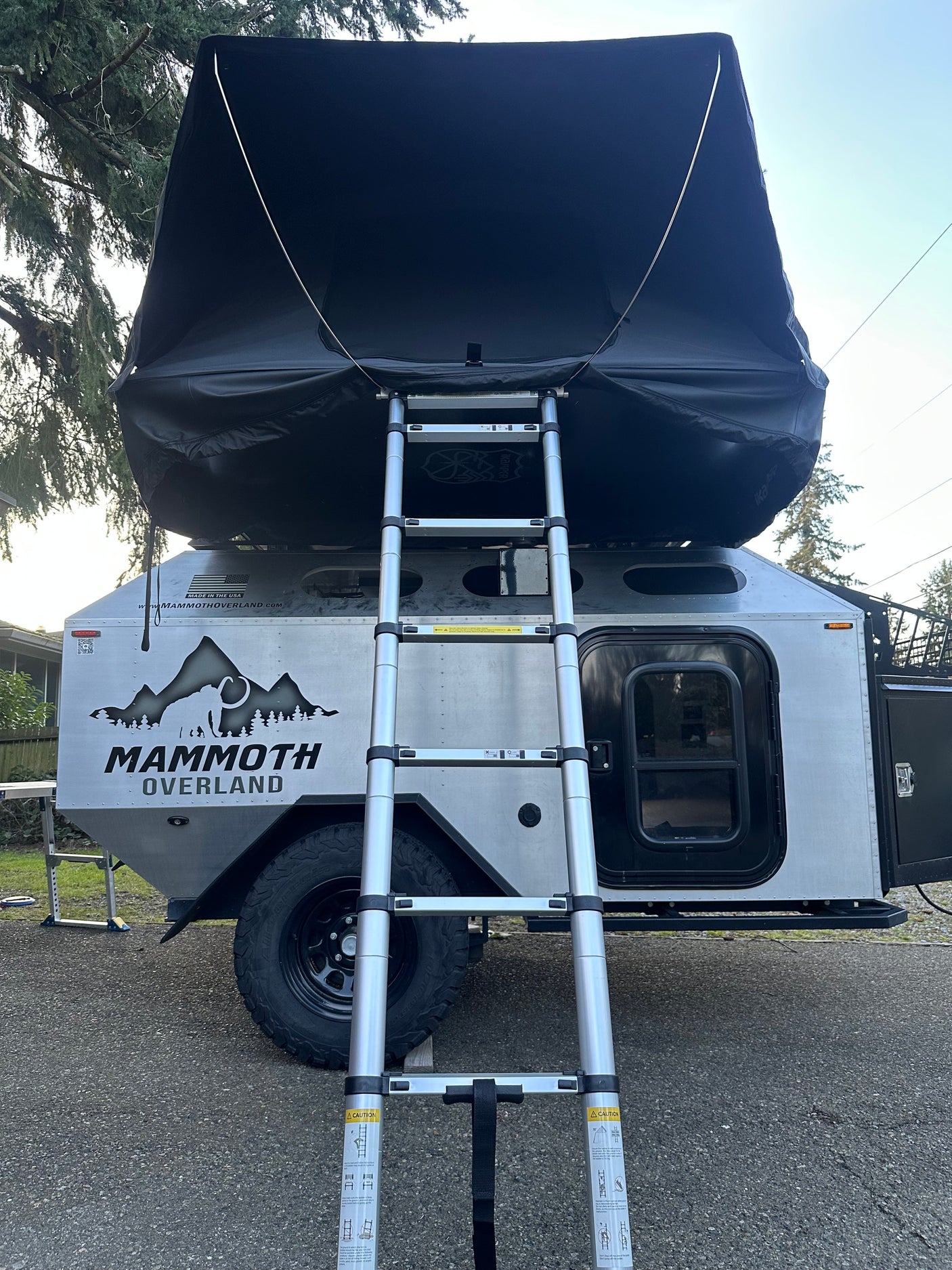 This "Mammoth Overland" off-road trailer with a black rooftop tent and silver ladder is perfect for an RV rental or overland adventure.