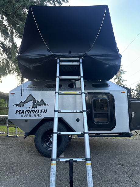 This "Mammoth Overland" off-road trailer with a black rooftop tent and silver ladder is perfect for an RV rental or overland adventure.
