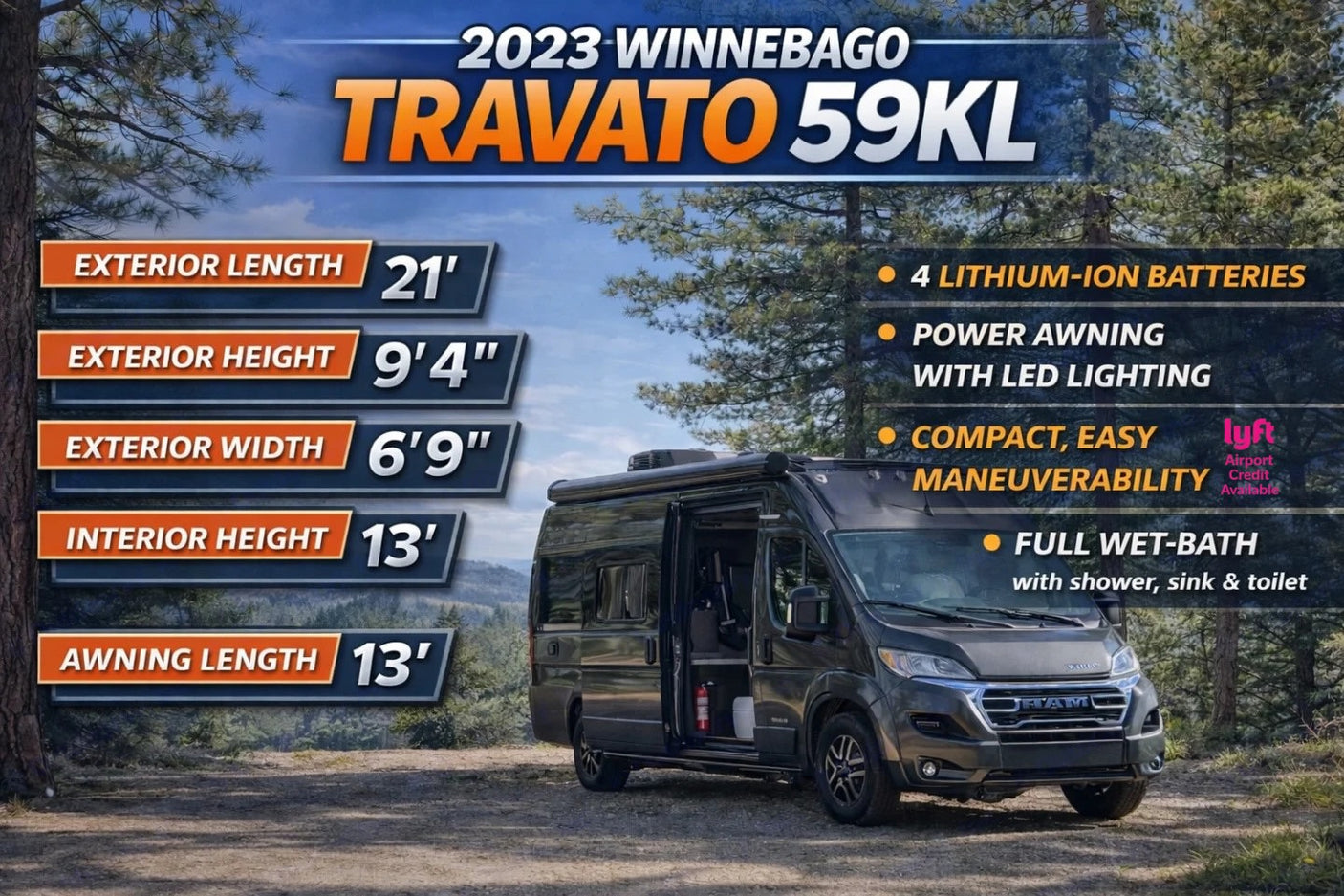 2023 Winnebago Travato 59KL RV rental shown in nature, highlighting its compact size, features & full dimensions.