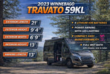 2023 Winnebago Travato 59KL RV rental shown in nature, highlighting its compact size, features & full dimensions.