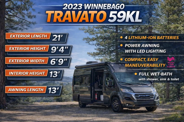 2023 Winnebago Travato 59KL RV rental shown in nature, highlighting its compact size, features & full dimensions.