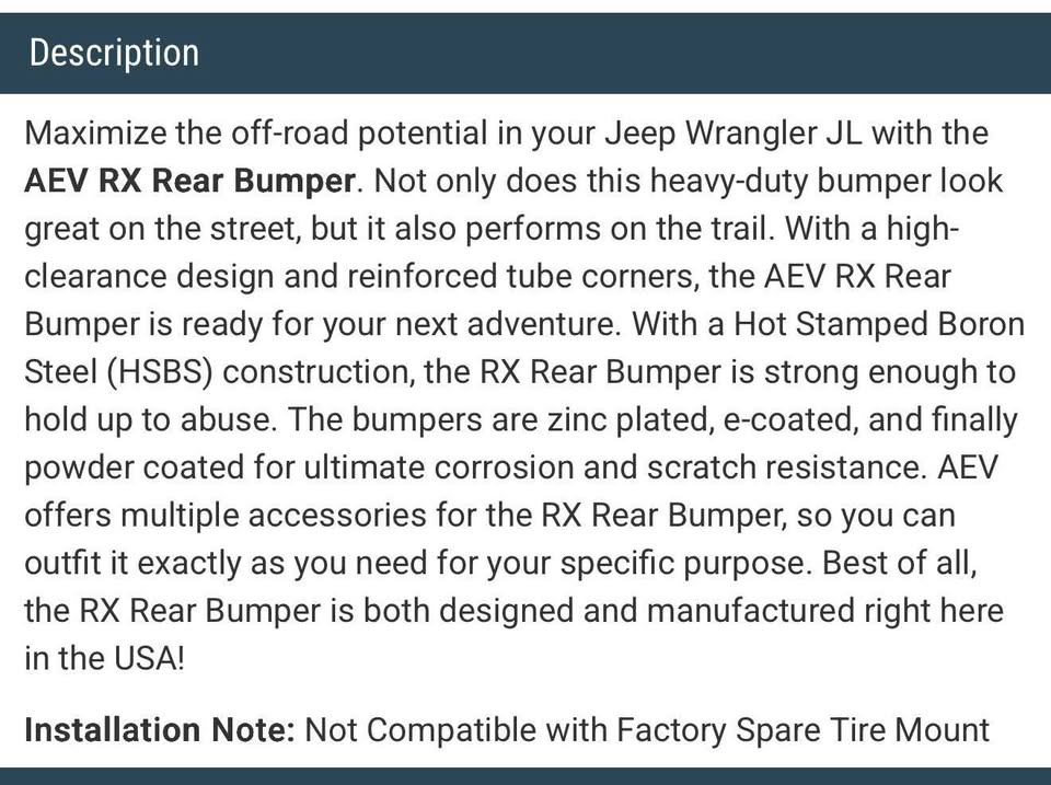 AEV RX Rear Bumper for 18-26 Jeep Wrangler JL used fuel caddy tire carrier (photo 5) — photo 5