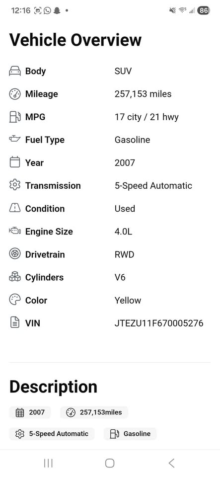 Toyota FJ Cruiser Yellow
257800 mileage (photo 9) — photo 9