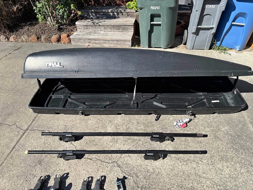 Thule Adventurer Cargo Box + Yakima 58” Roof Rack Crossbars, Towers & Mounting Accessories in Petaluma, CA (photo 1)