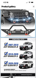 Steel Front Bumper for Jeep JK JL JT 2007-2026 Winch Plate, LED lights and bull bars