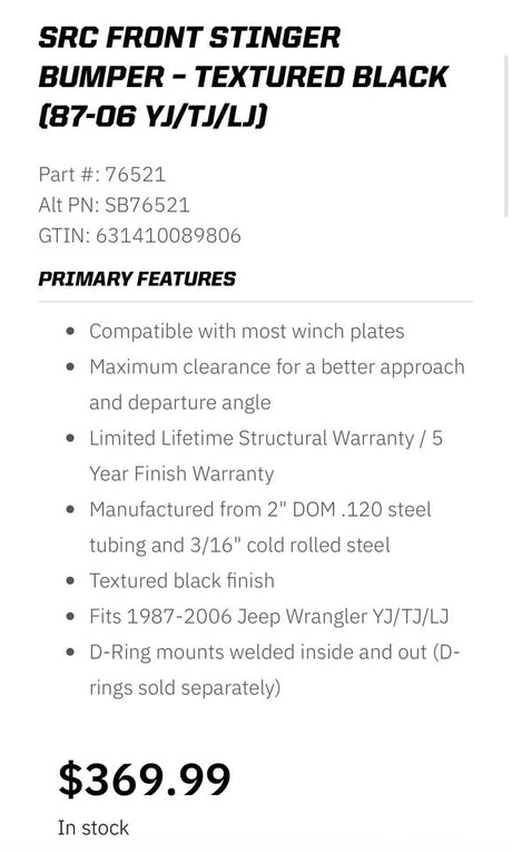 Smittybilt SRC Stinger Bumper for 87-06 Wrangler in Tucson, AZ (photo 4)