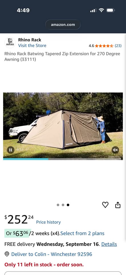 Rhino Rack 270 Awning with built in dual LED lighting (white and/or amber) and all Walls — photo 3