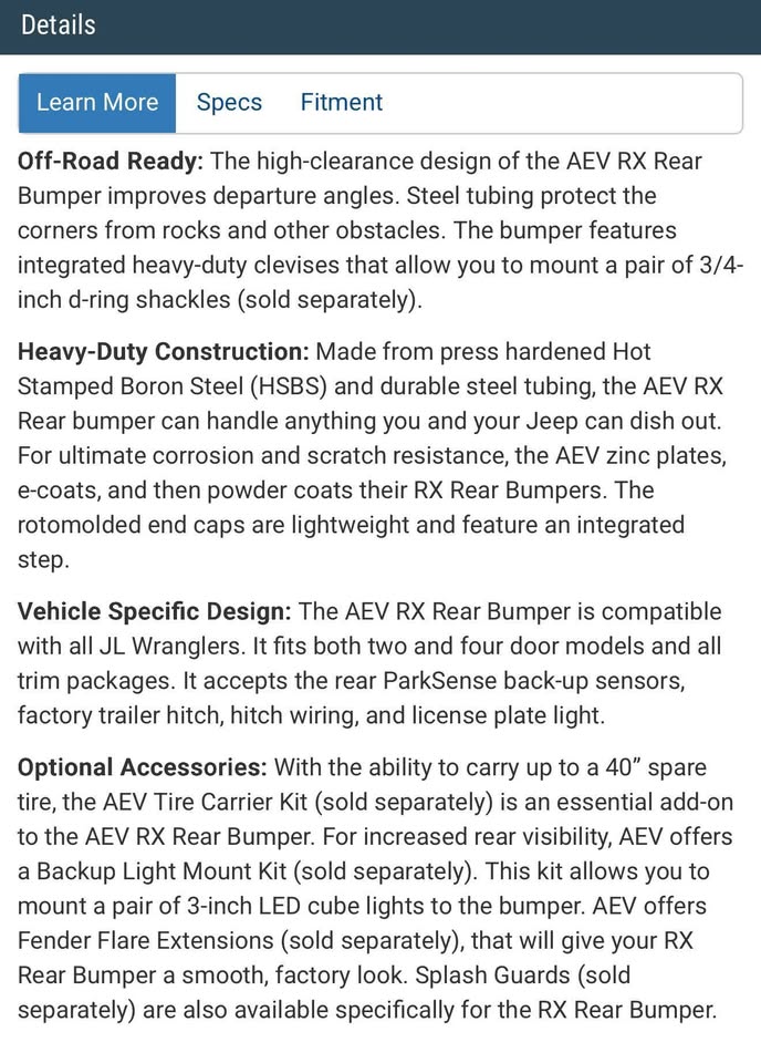 AEV RX Rear Bumper for 18-26 Jeep Wrangler JL used fuel caddy tire carrier (photo 8) — photo 8