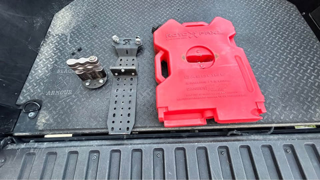 RotopaX 2-Gallon Gas Pack, LOX Locking Mount, & Rago Bed Rail Bracket Setup — photo 2