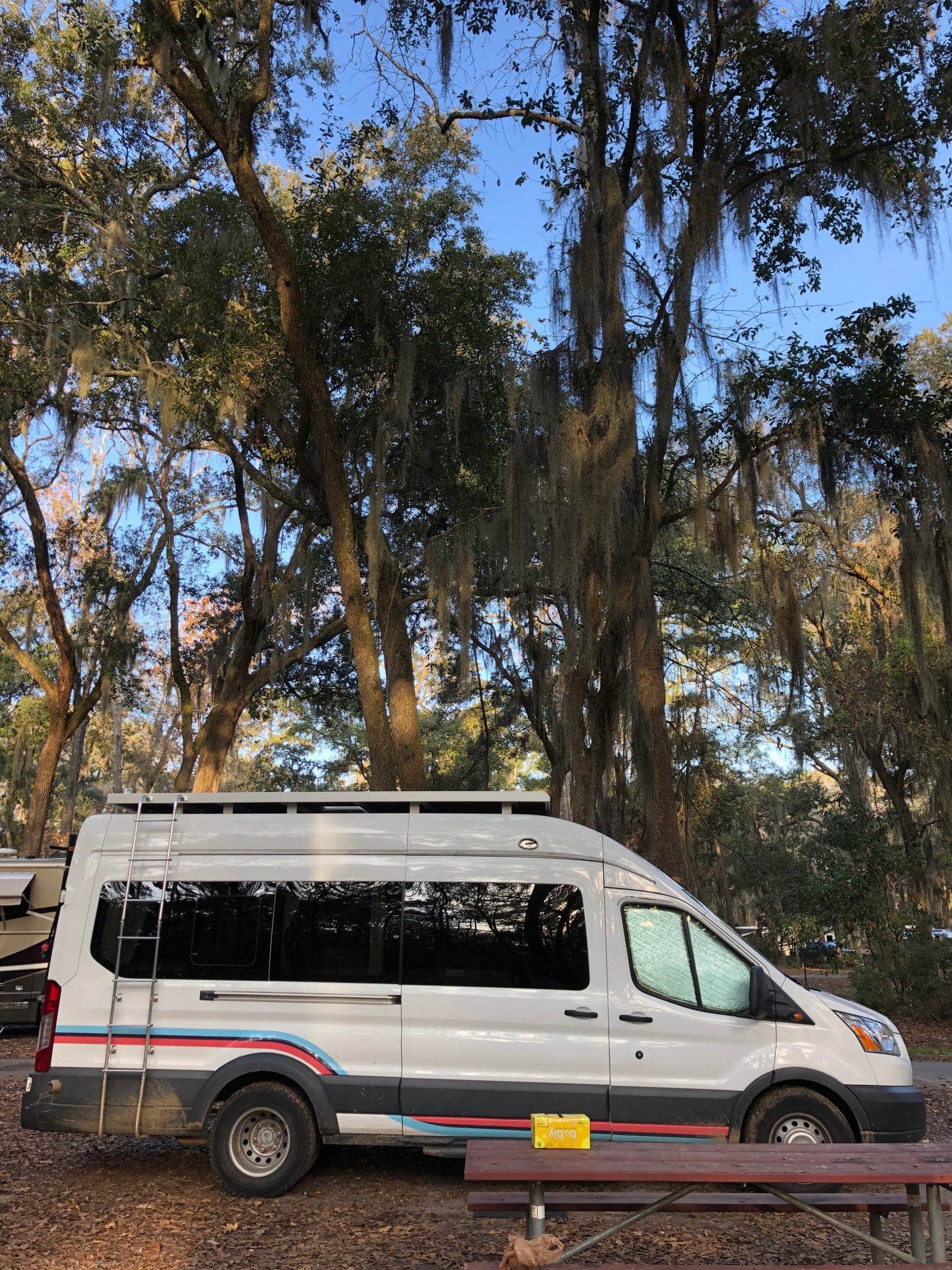 White RV rental van parked at a mossy campground, picnic table & Bubly box visible. Perfect for nature adventures.