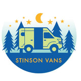 Stinson Vans RV rental logo: a camper van nestled among pine trees under a starry, moonlit sky.