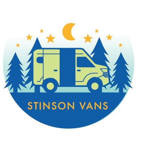 Stinson Vans RV rental logo: a camper van nestled among pine trees under a starry, moonlit sky.