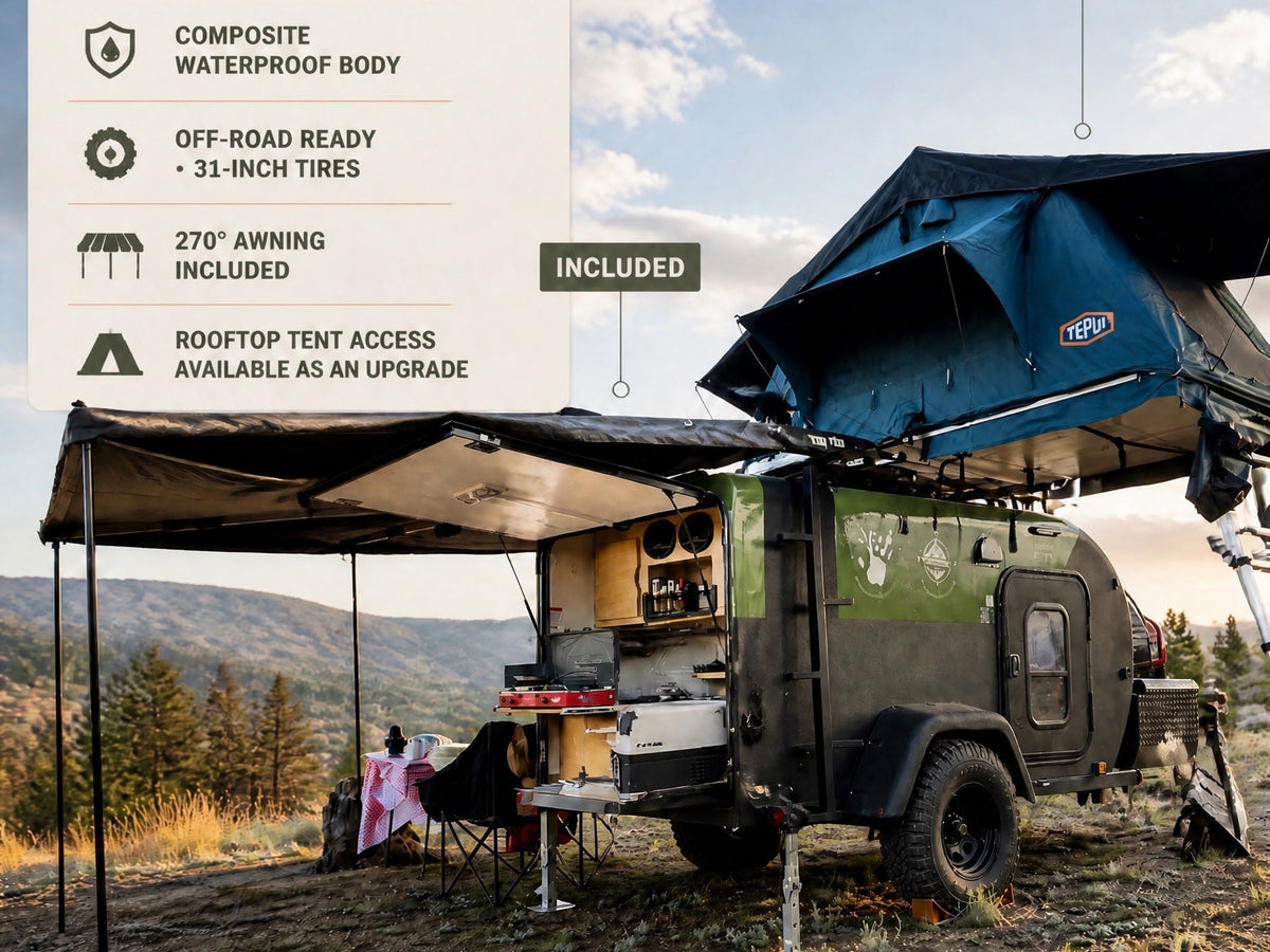 Explore off-road with this RV rental! A rugged camping trailer features a kitchen