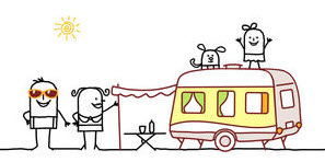 Family's sunny RV rental adventure with dog. Child & dog enjoy roof views from the camper!