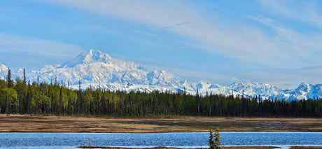 Denali's grandeur, lush forest, & calm lake. Experience Alaska's beauty with an RV rental.