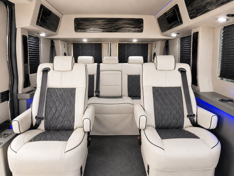  perfect for your next rv rental. View its plush interior through the open side door.|Silver Ford Transit van — photo 4