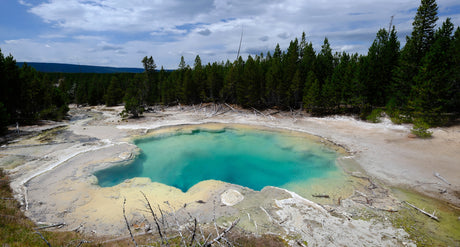 An RV rental brings you to Yellowstone's vibrant hot springs; a turquoise pool nestled in a pine forest.