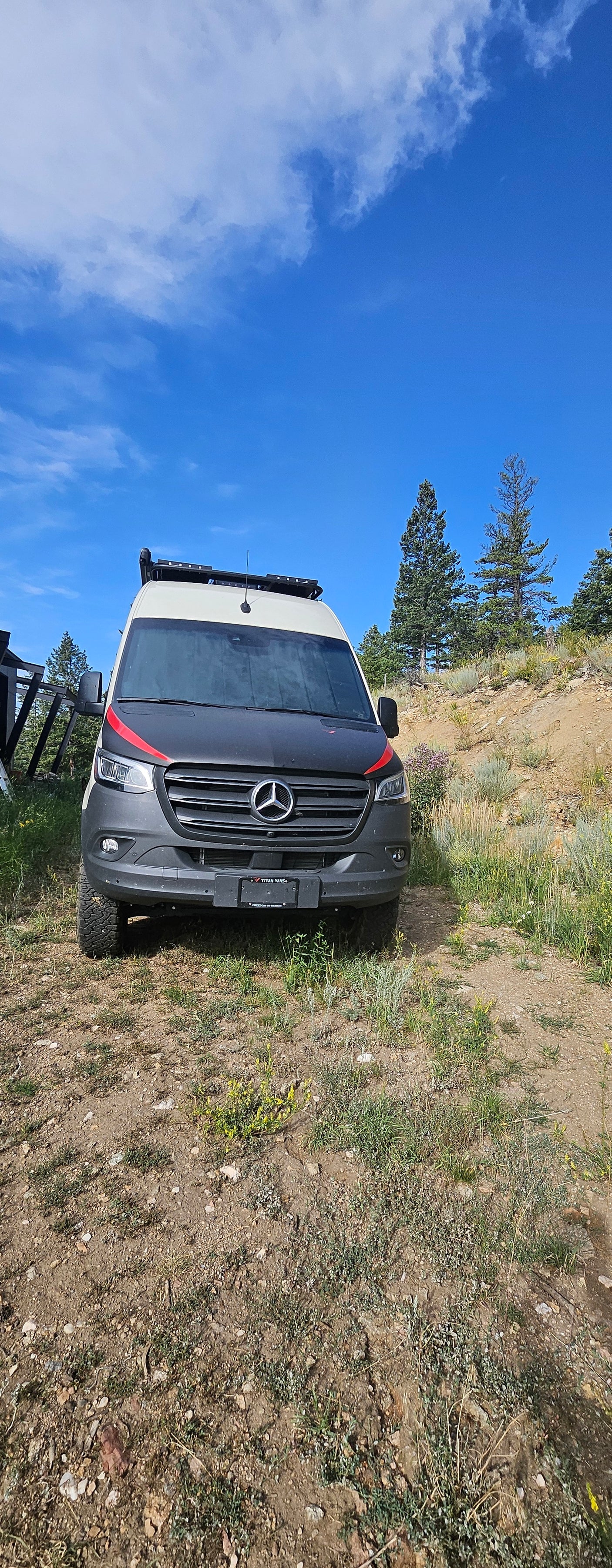 Grey Mercedes Sprinter adventure van, possibly an RV rental from Titan Vans, parked on a dirt path under a blue sky.