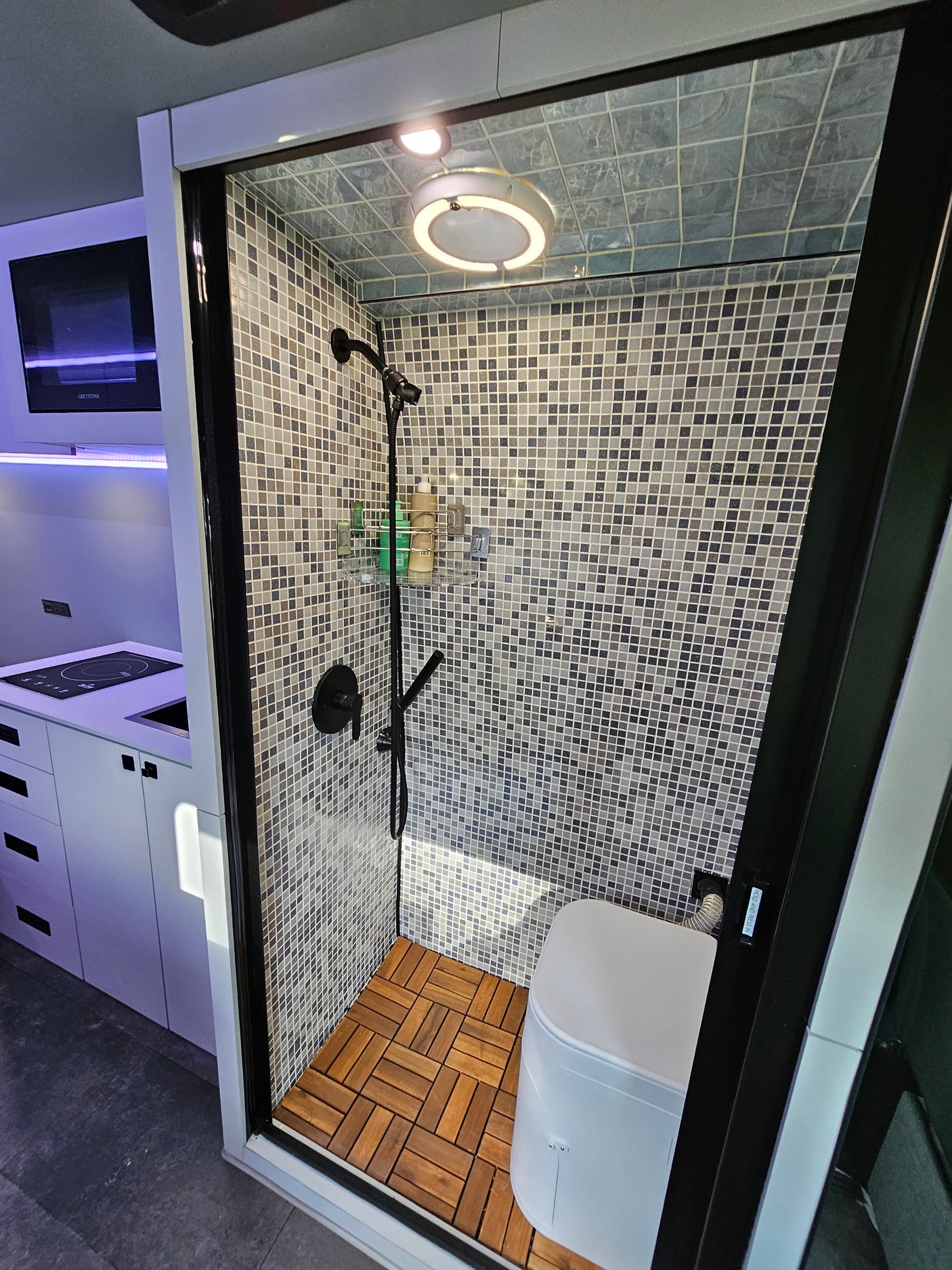 Modern RV rental interior featuring a compact shower with wood floor, toilet, and adjacent kitchenette.