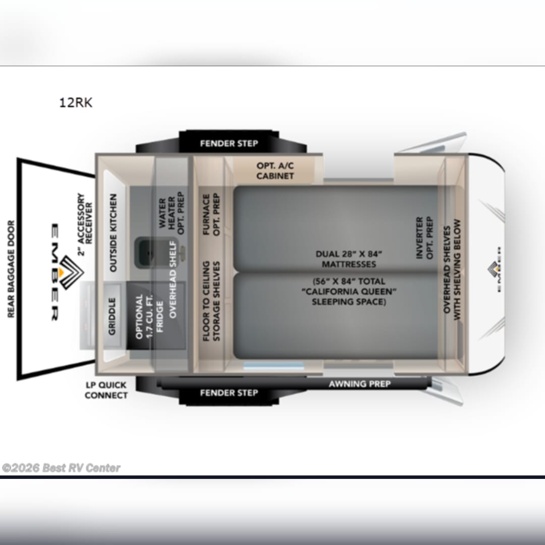 Floor plan of a compact RV model 12RK, featuring an outside kitchen, sleeping area, and storage. Great for an rv rental. — photo 2