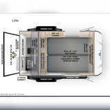 Floor plan of a compact RV model 12RK, featuring an outside kitchen, sleeping area, and storage. Great for an rv rental.