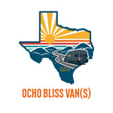 OCHO BLISS VAN(S) RV rental shows a camper van on a desert road within a Texas map outline, featuring mountains and a sunset.