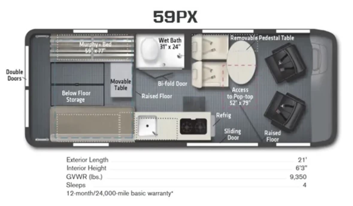 RV rental 59PX floor plan: compact interior with Murphy bed, wet bath, kitchen, seating, movable tables, and specs.