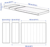 Dimensions of a 190x97x12 cm foldable mattress, ideal for an RV rental. Shown are its full size and individual 35, 35, and 120 cm segments.