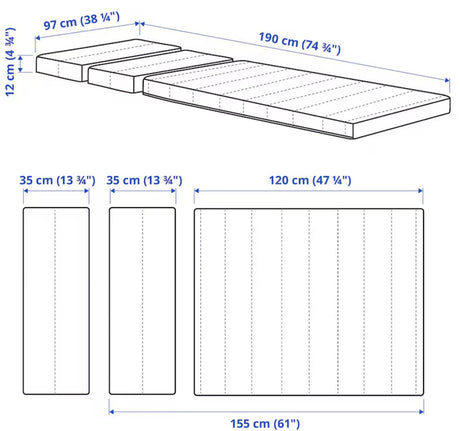 Dimensions of a 190x97x12 cm foldable mattress, ideal for an RV rental. Shown are its full size and individual 35, 35, and 120 cm segments.