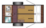 Compact rv rental floor plan: kitchenette (cooktop, sink, cooler), two mattresses, AC, and storage (O/C).